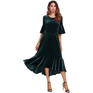 Floerns Women's Trumpet Sleeve Flounce Ruffle Hem Velvet Midi Dress